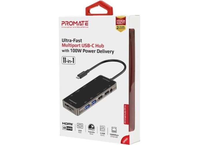 Promate PrimeHub-Pro 11 In 1 Type-C Adapter 100W USB-C Power Delivery 4K HDMI, VGA Port, RJ45 Port, AUX, TF/SD Card Slot & 4 USB product thumbnail 2