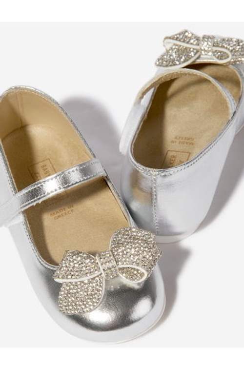 BABYWALKER Girls Leather Crystal Bow Ballerinas in Silver product thumbnail 3
