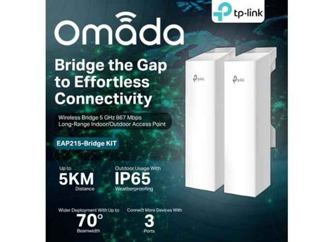 TP-Link Omada EAP215-Bridge KIT Point to Point Wireless Bridge Outdoor - 5GHz, 867Mbps, PtP&PtMP, 5km Range, 3 Gigabit Ports, PoE or DC Powered, IP65 Weatherproof, Preconfigured, Plug&Play product thumbnail 2