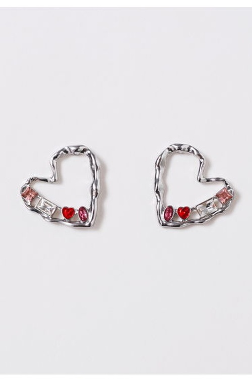 Colorful Rhinestone Hollow Heart Stud Earrings in Silver