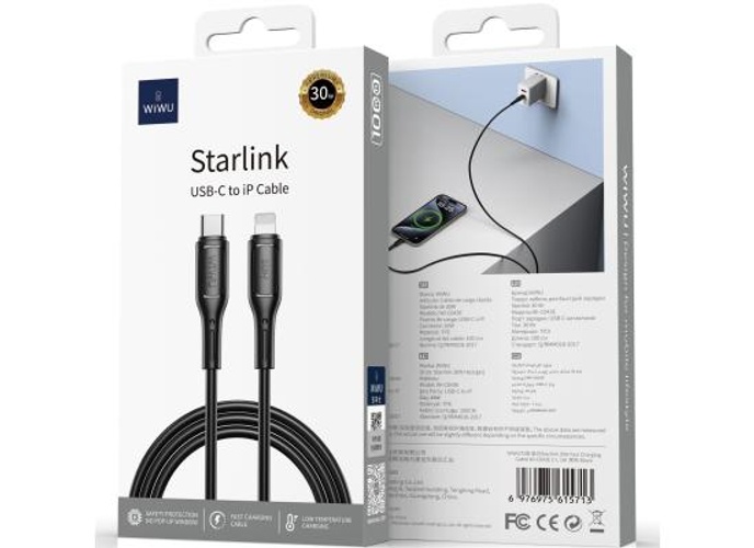 WiWU Wi-C04ЗE Starlink 30W Fast Charging Cable With USB-C to Lightning Cable, Fast Charging | Durable - Black product thumbnail 2