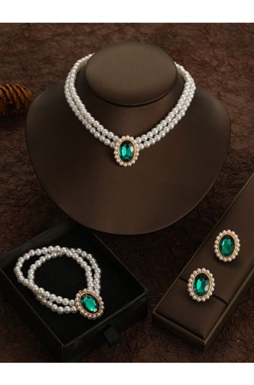 3-Piece Round Rhinestone Drop Faux Pearl Embellished Layered Necklace, Bracelet and Earrings Jewelry Set product thumbnail 3