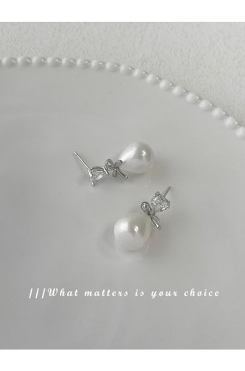 Silver Faux Pearl Bow Drop Earrings product thumbnail 2