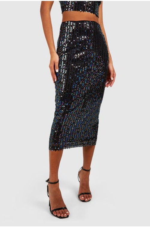 Rainbow Sequin Midaxi Skirt - black