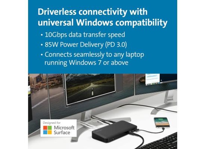Kensington SD4845P Microsoft Surface 9-in-1 USB-C 10Gbps Support 3 Monitors Docking Station with 85W Power Delivery - Black product thumbnail 2