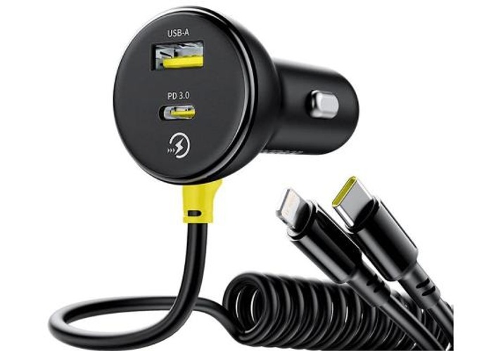 Baseus Circular Car Charger with USB-C / Lightning Cable, 60W, 3A, 1 x USB-A - 1 x USB-C, Black product thumbnail 2
