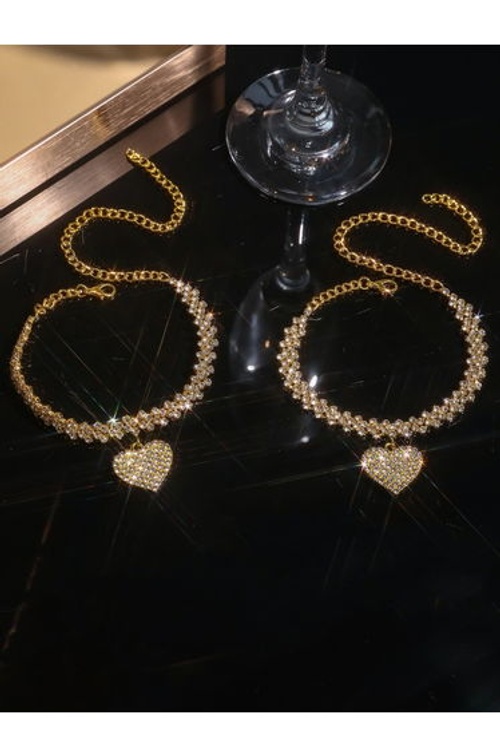 Women Gold Heart Rhinestone Anklet and Bracelet Set product thumbnail 2