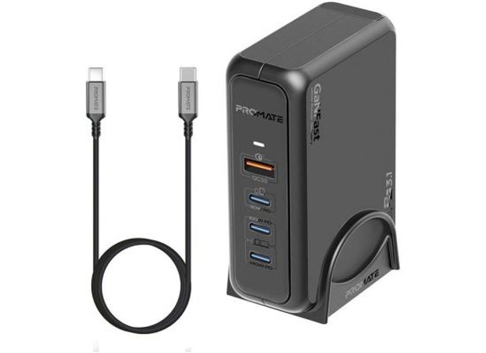 Promate GaNPort-140W Super-Speed GaNFast Charging Station with Power Delivery 3.1 & Quick Charge 3.0, Adaptive Fast Charging, Safety Protection, AC Power Cord, Black product thumbnail 2