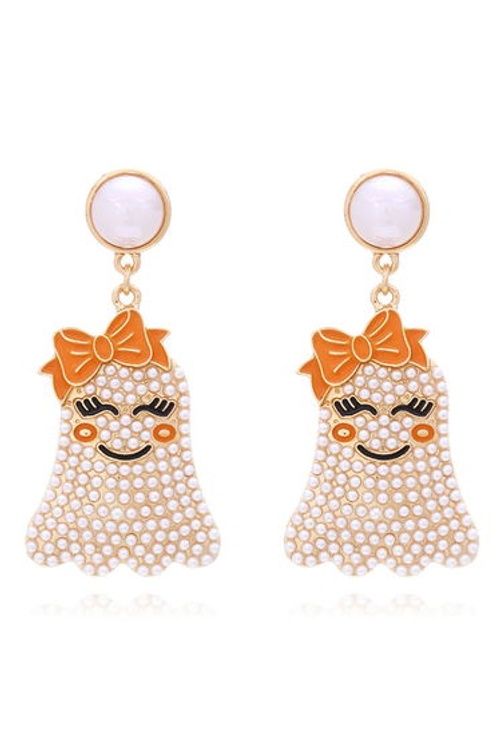 Smiling Ghost Pearl Bow Earrings