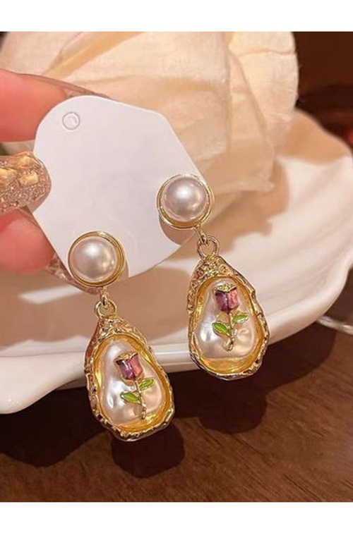 Faux Pearl 3D Flower Teardrop Drop Earrings product thumbnail 2