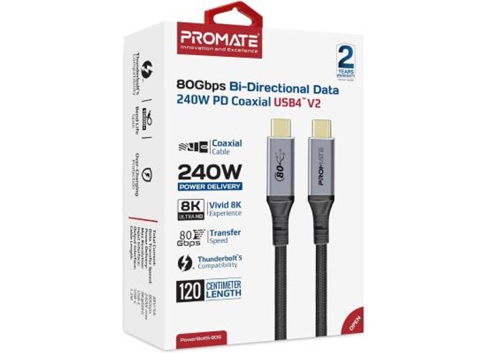 Promate PowerBolt5-80G Thunderbolt 5 USB 4 Cable 80Gbps Data Transfer, 240W Power Delivery, 8K Ultra HD Display Support, USB-C to USB-C 1.2M Cable, Compatible with Thunderbolt 5, Durable Build Black product thumbnail 2