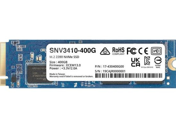 Synology SNV3410 400GB NVMe M.2 2280 Internal SSD, Up to 3000 MB/s Sequential Read & 750 MB/s Sequential Write Speed, PCIe 3.0 x4 Interface, 491 TBW, 1.8M Hours MTBF product thumbnail 2