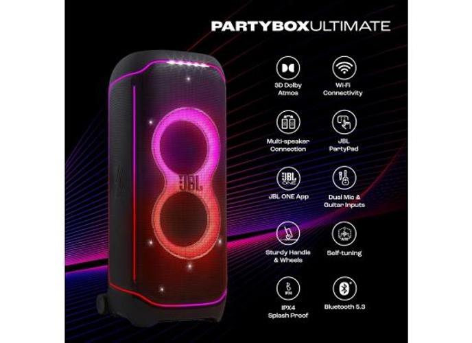 JBL PartyBox Ultimate 1100W Party Speaker, Dolby Atmos for 3D Sound, Wi-Fi 6 & BT, Starry LEDs & Lighting Effects, 6 Drivers for Balanced Audio, 2 x Mic Inputs & Guitar Jack, Black product thumbnail 2