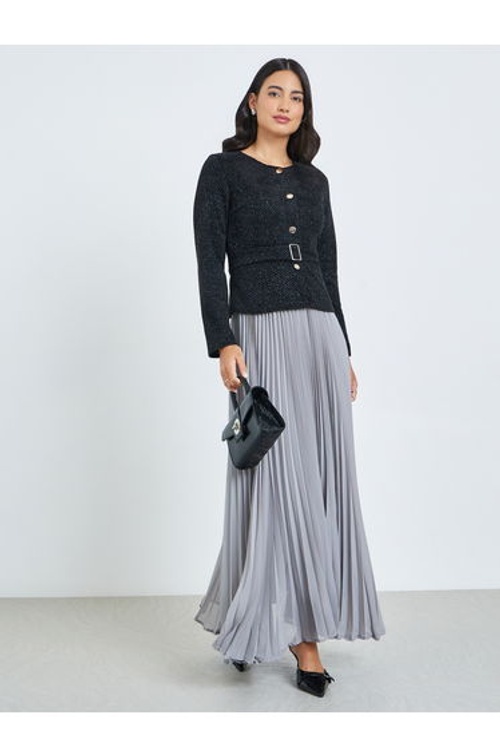 Black Tweed Pleated A-Line Maxi Dress with Belt product thumbnail 2