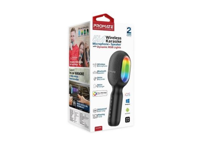 Promate VocalMic 5-in-1 Wireless Bluetooth Karaoke Microphone & Speaker With Dynamic RGB Lights Compatible With iOS, Android, Windows- Black product thumbnail 2