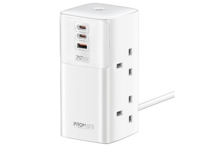 Promate Power Tower 70W multi-port Charging Station dual PD70W USB-C ports, a 30W QC 3.0 port and four universal 2500W Charging Station with Quad AC Sockets product thumbnail 2