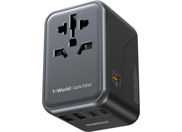 MOMAX Universal Travel Adapter 70W GaN, 3 USB-C PD & 2 USB-A QC, International Power Adapter Outlet, 6-in-1 Wall Charger for Laptop, Phone, European Travel Plug Adapter for UK/US/AUS/JP - Black product thumbnail 2