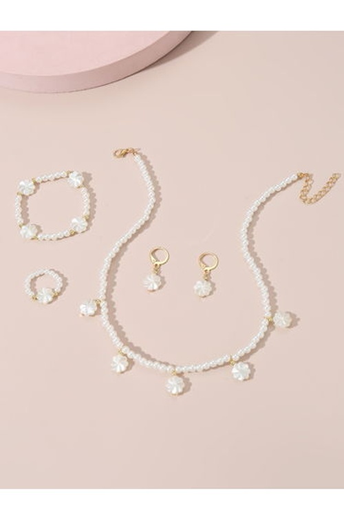 Set of 4 - Flower Pendant Faux Pearl Necklace, Bracelet, Earrings and Ring product thumbnail 2