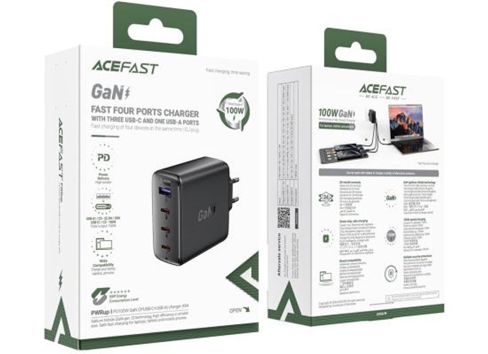 ACEFAST A94 PD 100W GaN Phone Charger 3 Type-C + USB-A Four Ports Power Adapter, EU Plug - Black product thumbnail 2