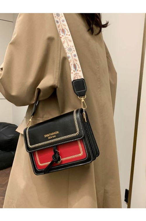 Black Color Block Shoulder Bag with Flap Closure product thumbnail 3