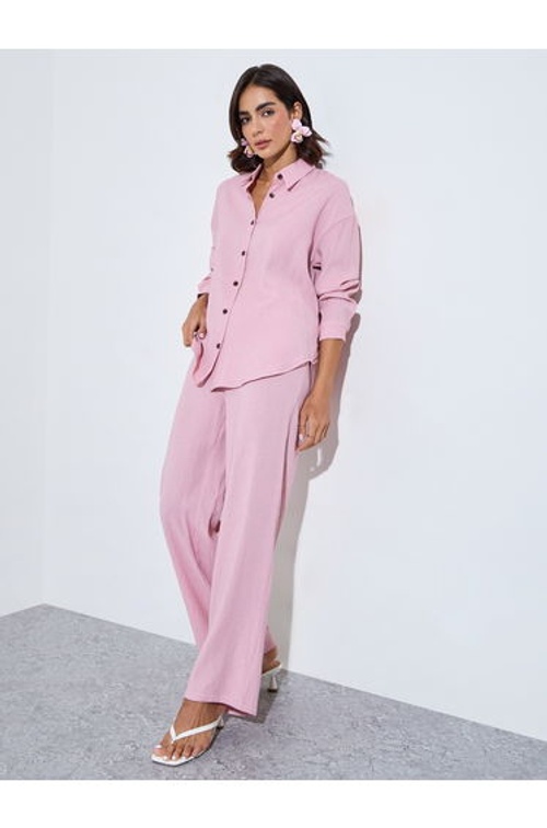 oversize fit long length shirt with shirt collar and wide leg pants modest set