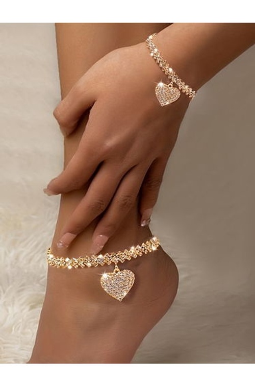 Women Gold Heart Rhinestone Anklet and Bracelet Set product thumbnail 3