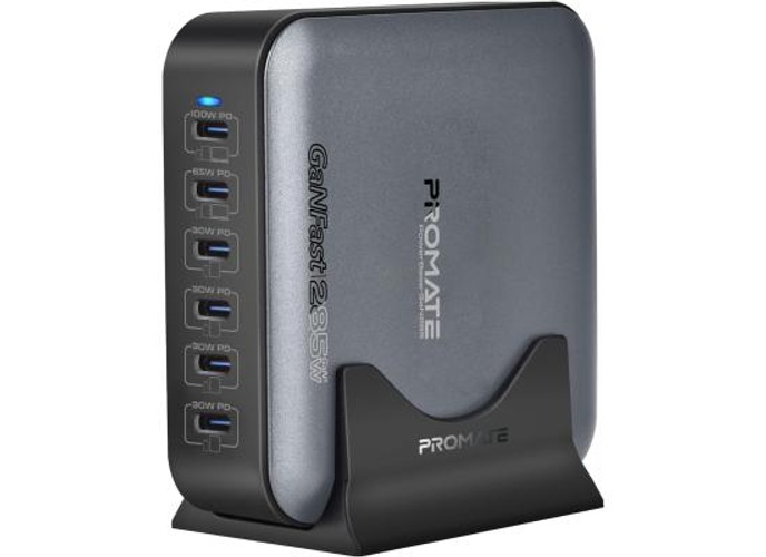 Promate PowerBase-GaN285 285W GaN Charging Station, 6-Port USB-C Desktop Charger with PPS, 100W/65W/30W Outputs, Overheat Protection, Stand and 1.5M Cable, for MacBook, iPhone, Galaxy - Black product thumbnail 2