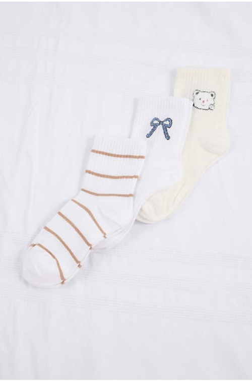 Ecru-Multicolor 3-Piece Striped Jacquard Knitted Socks product thumbnail 3
