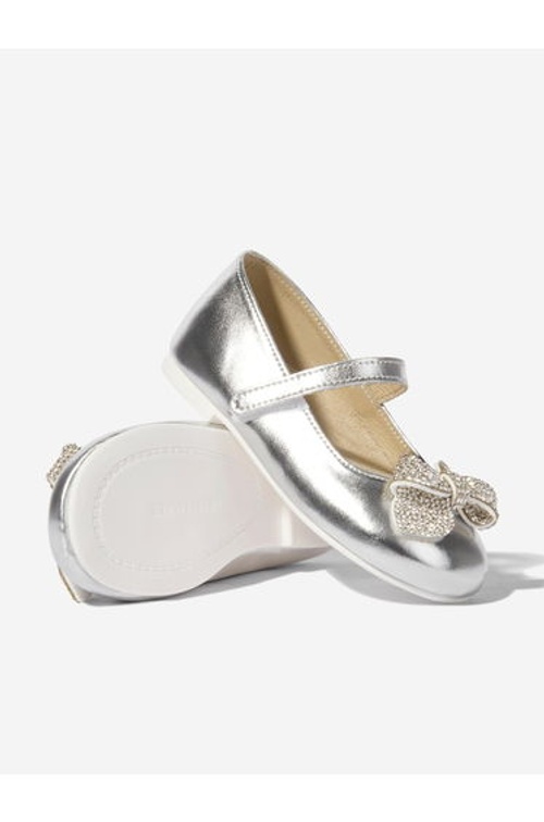 BABYWALKER Girls Leather Crystal Bow Ballerinas in Silver product thumbnail 2