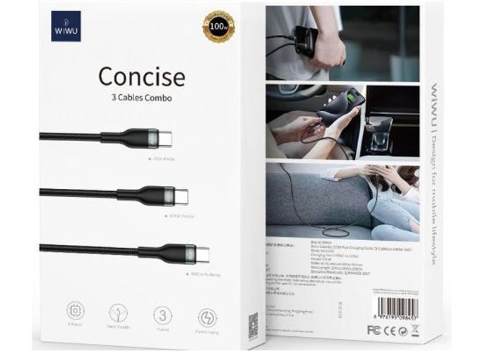 WIWU Wi-C033 3in1 Concise Series 100W Type-C to Type-C Combo PD Cable Set 20cm-150cm-200cm - Black product thumbnail 2