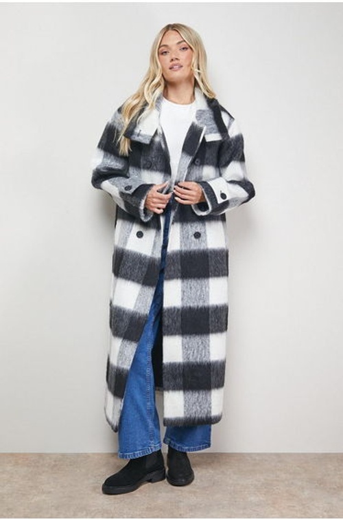 Brushed Check Funnel Neck Coat