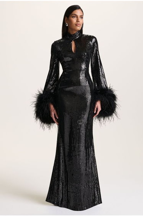 Cosmic Star | Black Sequin High-Neck Maxi Dress With Feather Cuffs product thumbnail 4