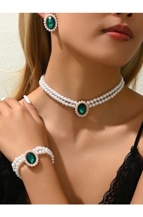 3-Piece Round Rhinestone Drop Faux Pearl Embellished Layered Necklace, Bracelet and Earrings Jewelry Set product thumbnail 2
