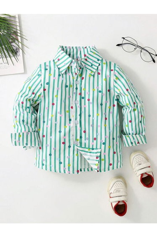 Boys Green Striped Polka Print Shirt