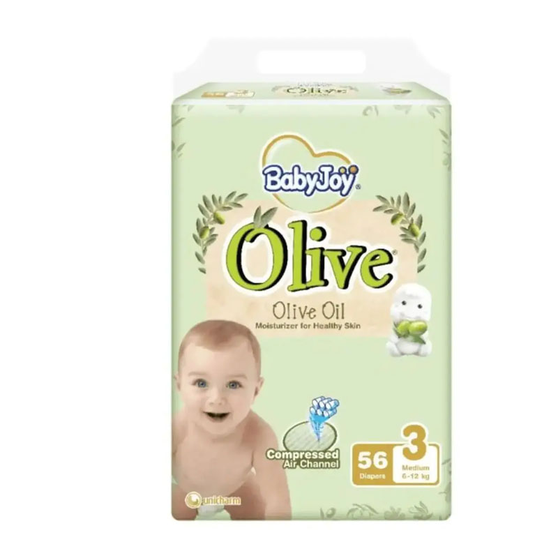 Baby Joy Diapers with Olive Oil Moisturizer, Size 3 Medium 6–12kg, 56 Diapers