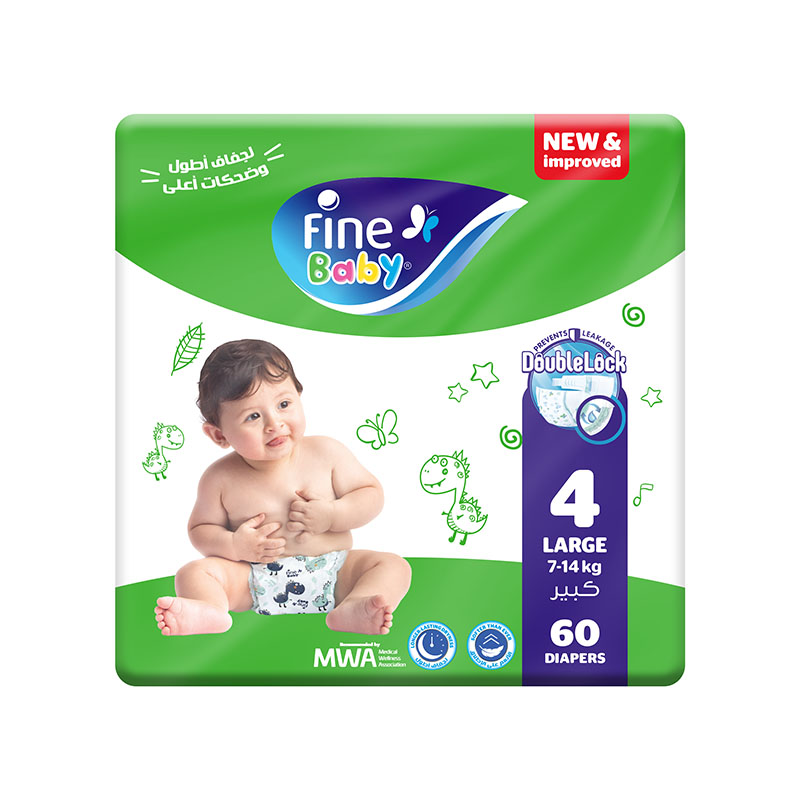Fine Baby Diapers, Size 4, Large (7-14kg), Double Lock, 60 Diapers