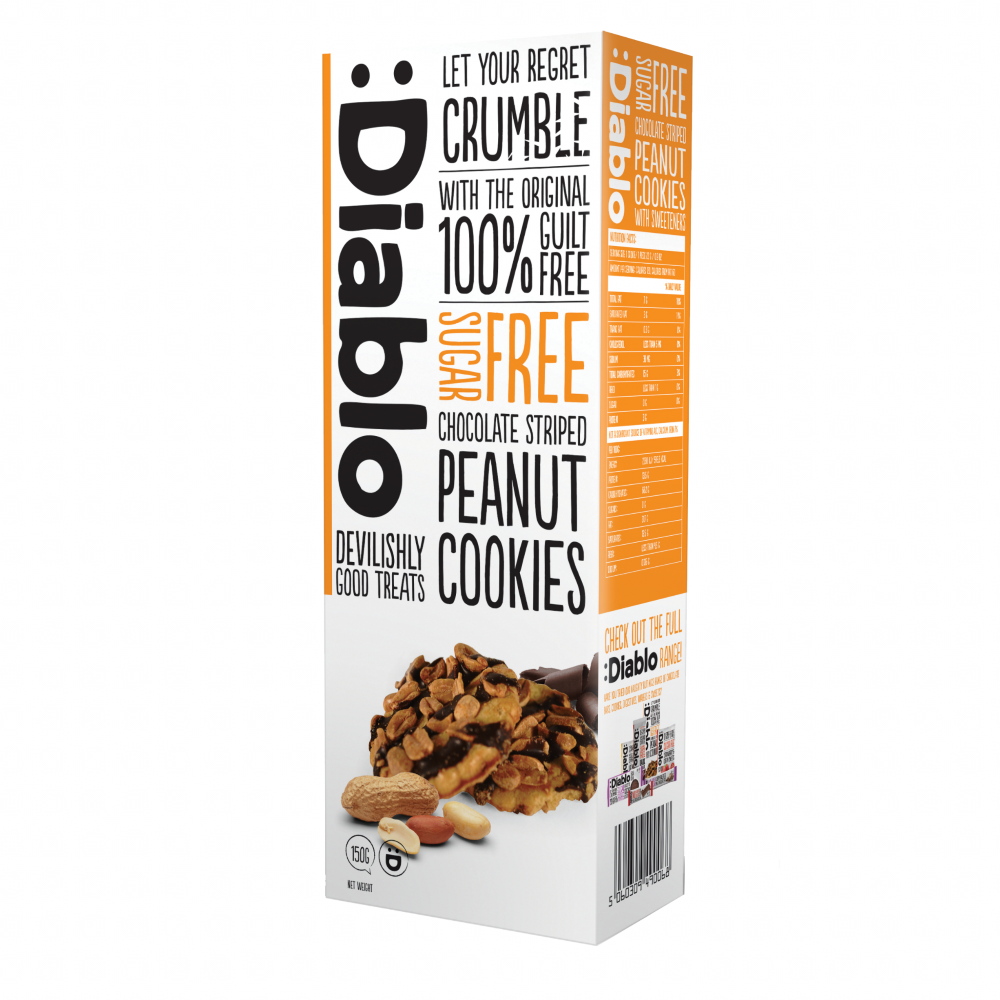Diablo Sugar Free Chocolate Striped Peanut Cookies Biscuits 150g