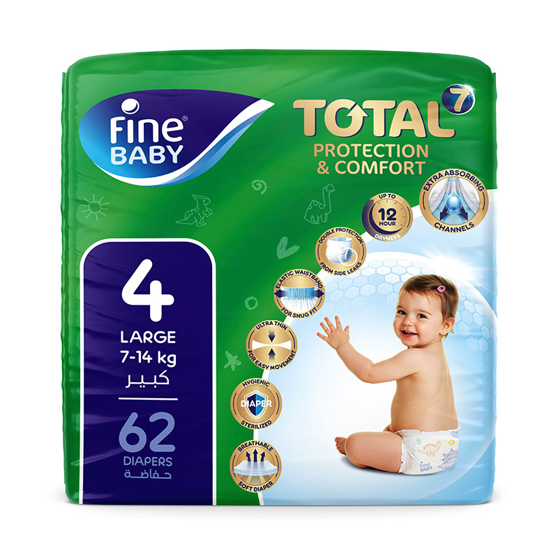 Fine Baby Total 7 Diapers, Size 4, Large, 7–14kg, 62 Diapers