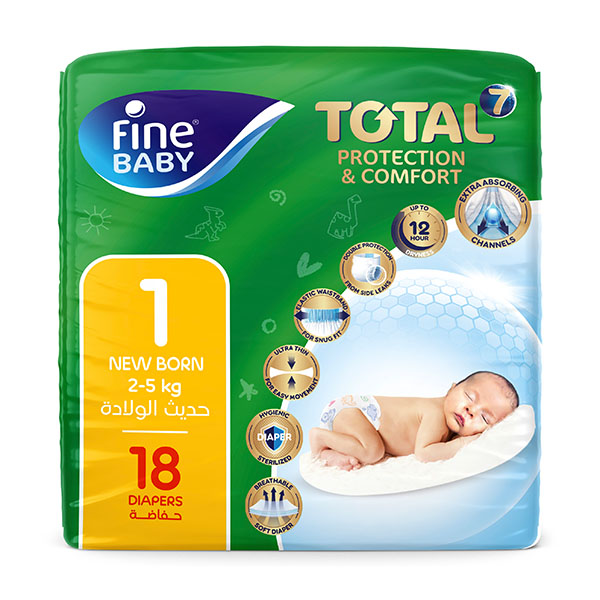 Fine Baby New Born Diapers, Size 1, Double Lock, 2-5Kg, 18 Diapers