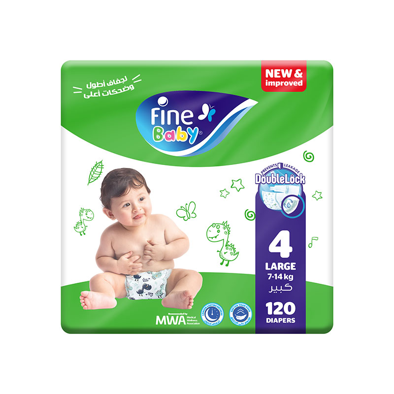 Fine Baby Diapers, Size 4, Large (7-14Kg), Double Lock, 120 Diapers