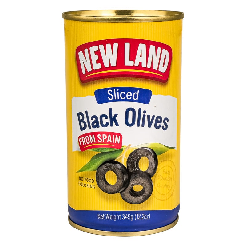 New Land Sliced Black Olives 345g