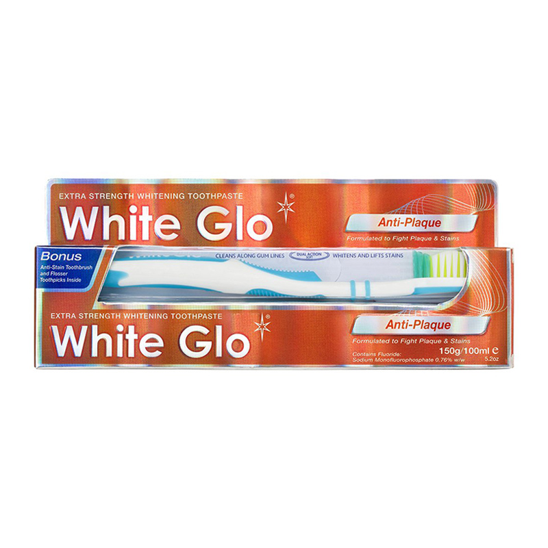 White Glo Anti-Plaque Extra Strength Whitening Toothbrush & Toothpaste 150g