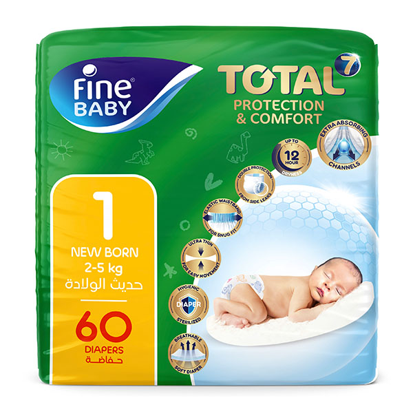 Fine Baby New Born Diapers, Size 1, 2-5Kg, Double Lock, 60 Diapers