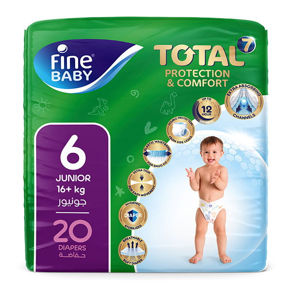 Fine Baby Diapers, Size 6, Junior 16+Kg, Double Lock, 20 Diapers