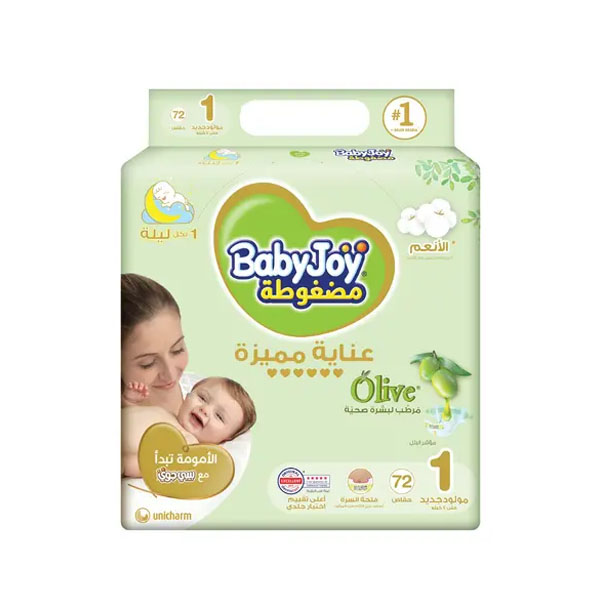 Baby Joy Diapers with Olive Oil Moisturizer, Size 1 Newborn 1–4kg 72 Diapers