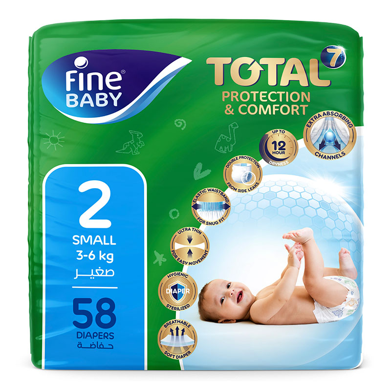 Fine Baby Total 7 Diapers, Size 2, Small, 3–6kg, 58 Diapers