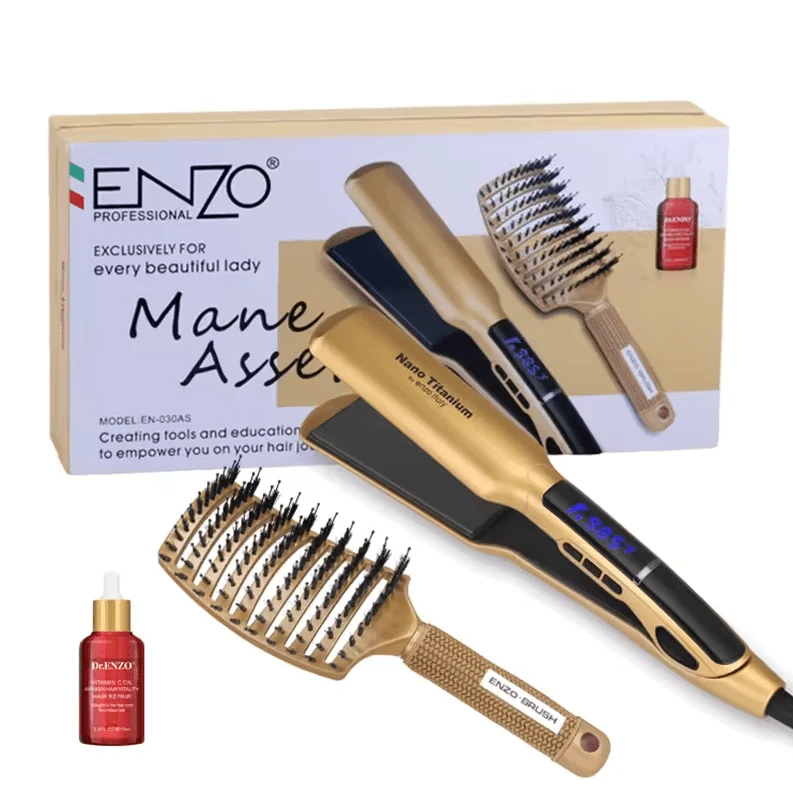 ستريت مملس الشعر احترافي من إنزو ENZO مع فرشاة تصفيف شعر